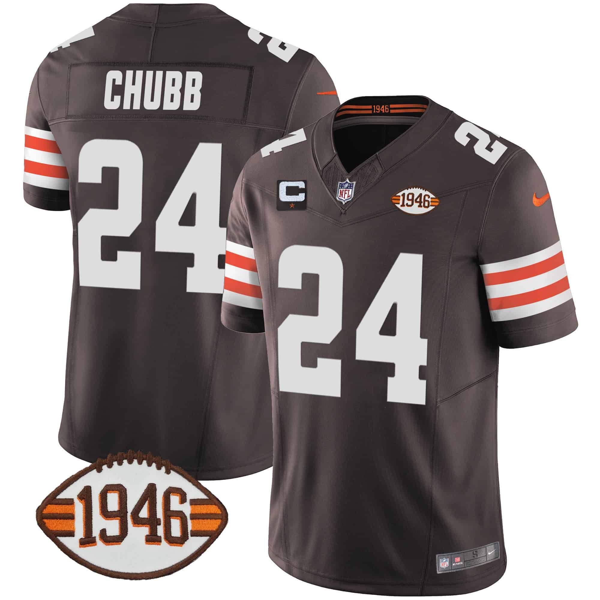 Men Cleveland Browns #24 Chubb Brown 1946 75th Anniversary Patch 2024 Nike NFL Jersey style 1